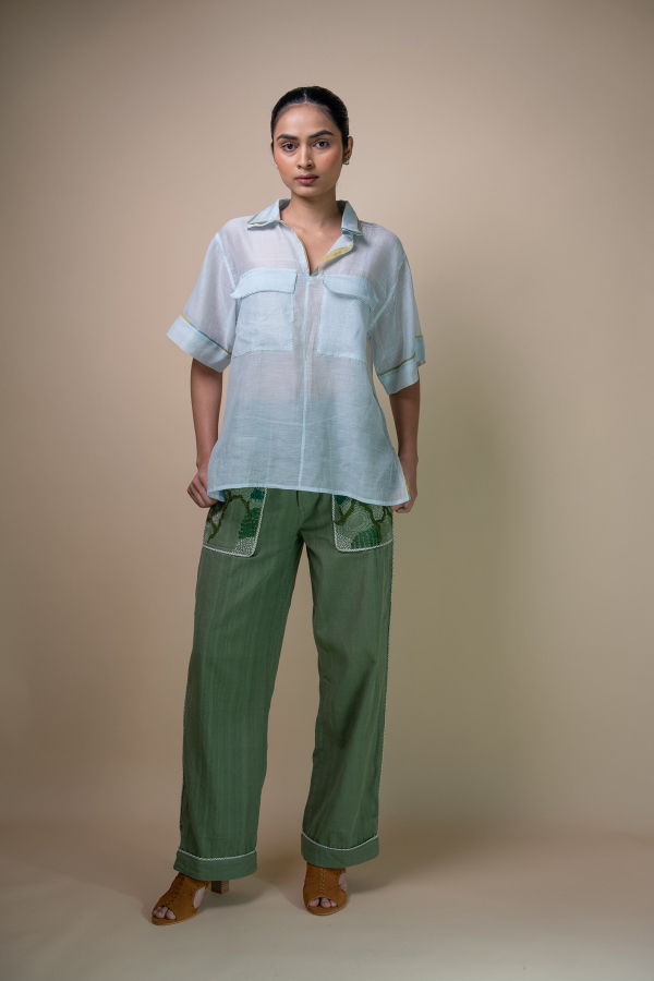 IKKIVI Meadows Patch Pocket Chanderi Shirt - Blue