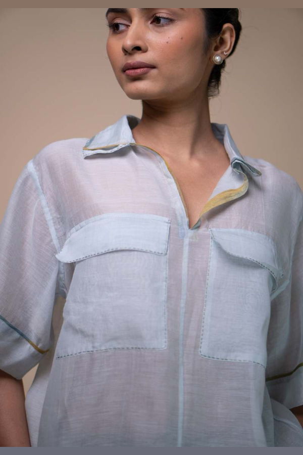 IKKIVI Meadows Patch Pocket Chanderi Shirt - Blue