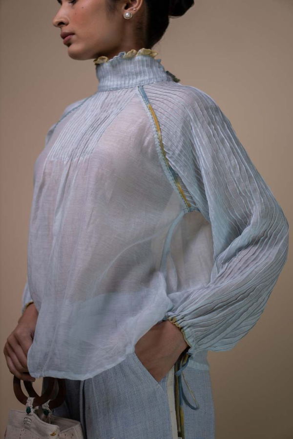 IKKIVI Meadows Pintucked Chanderi Blouse - Blue