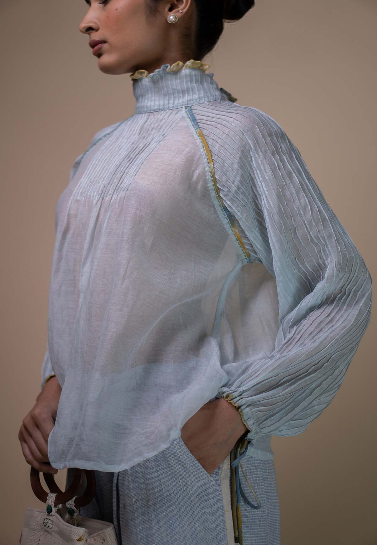 IKKIVI Meadows Pintucked Chanderi Blouse - Blue - Image 1 of 10