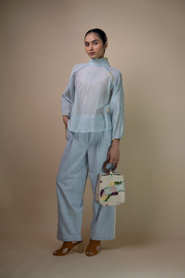 IKKIVI Meadows Pintucked Chanderi Blouse - Blue