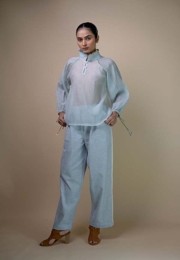 IKKIVI Meadows Pintucked Chanderi Blouse - Blue