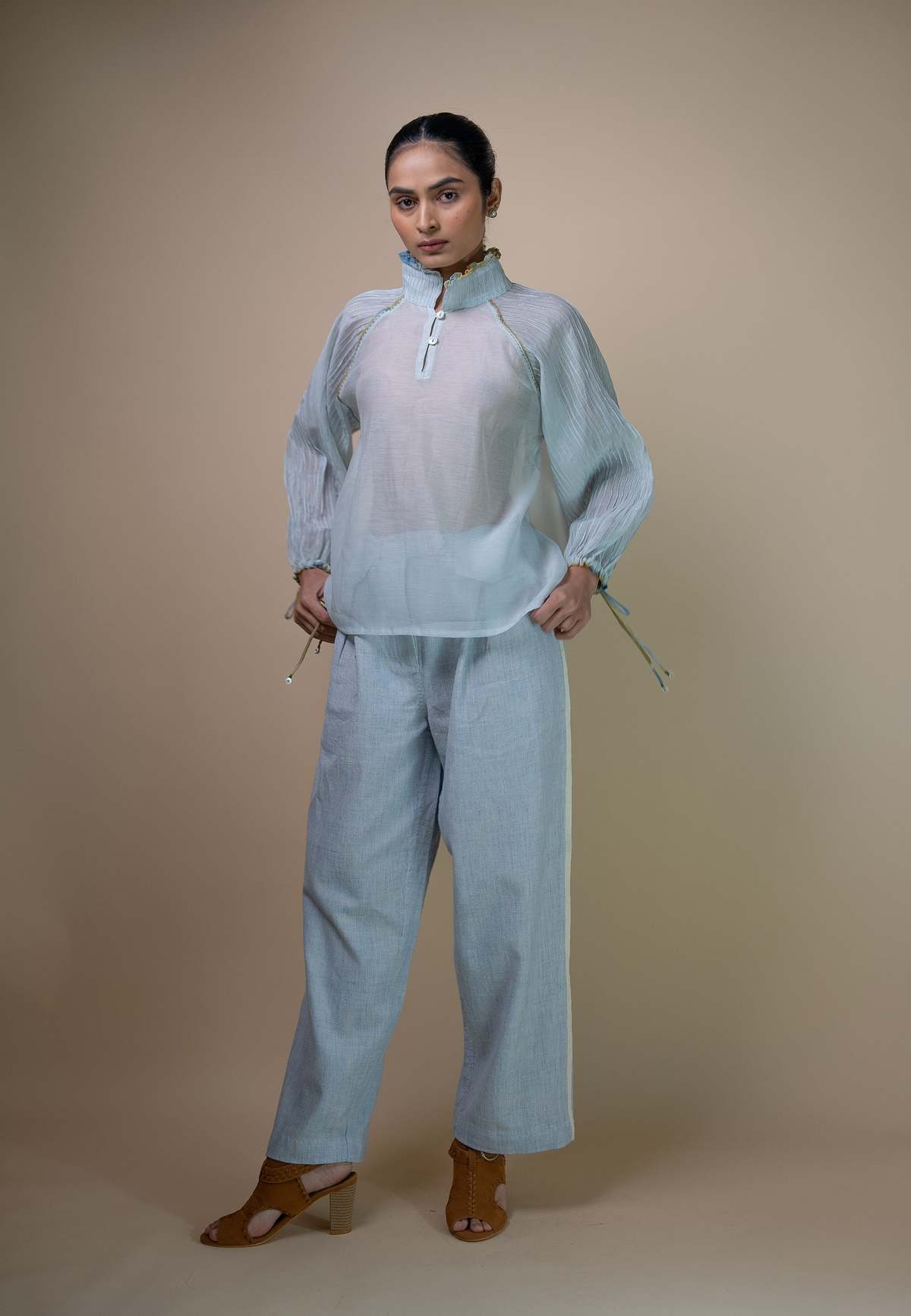 IKKIVI Meadows Pintucked Chanderi Blouse - Blue - Image 5 of 10
