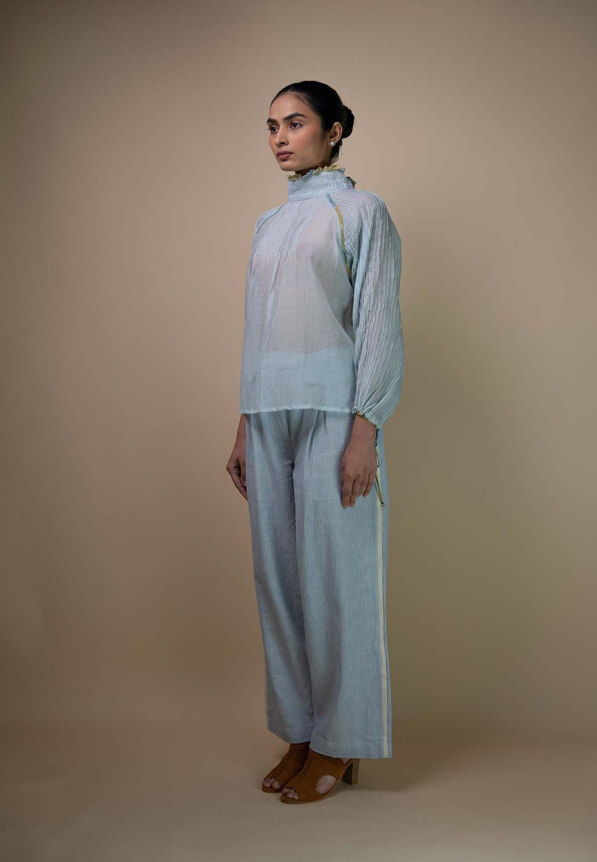 IKKIVI Meadows Pintucked Chanderi Blouse - Blue - Image 8 of 10