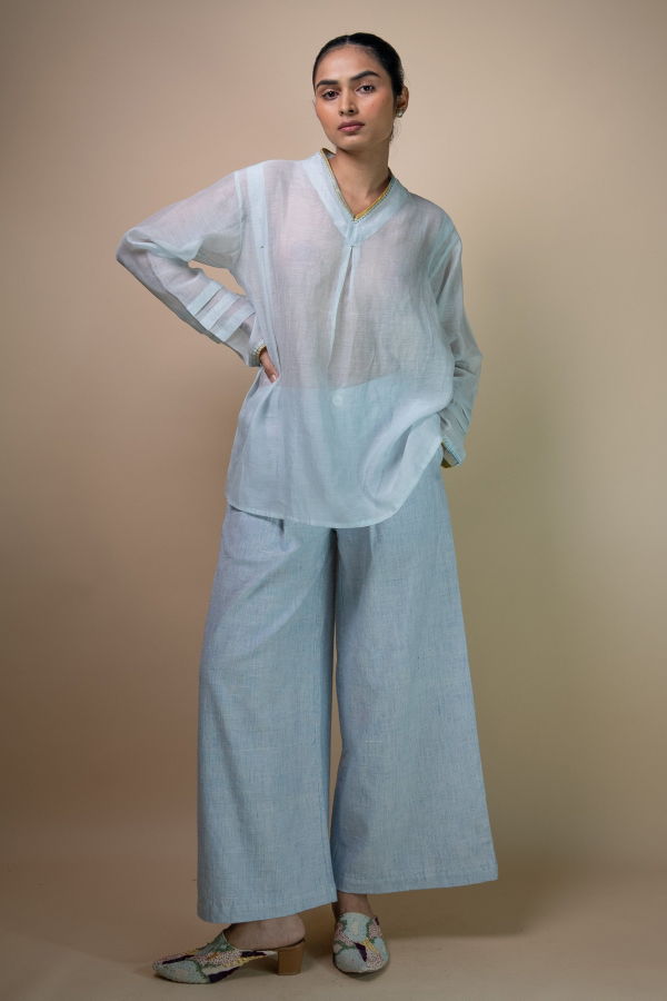 IKKIVI Meadows Unisex Chanderi Shirt - Blue