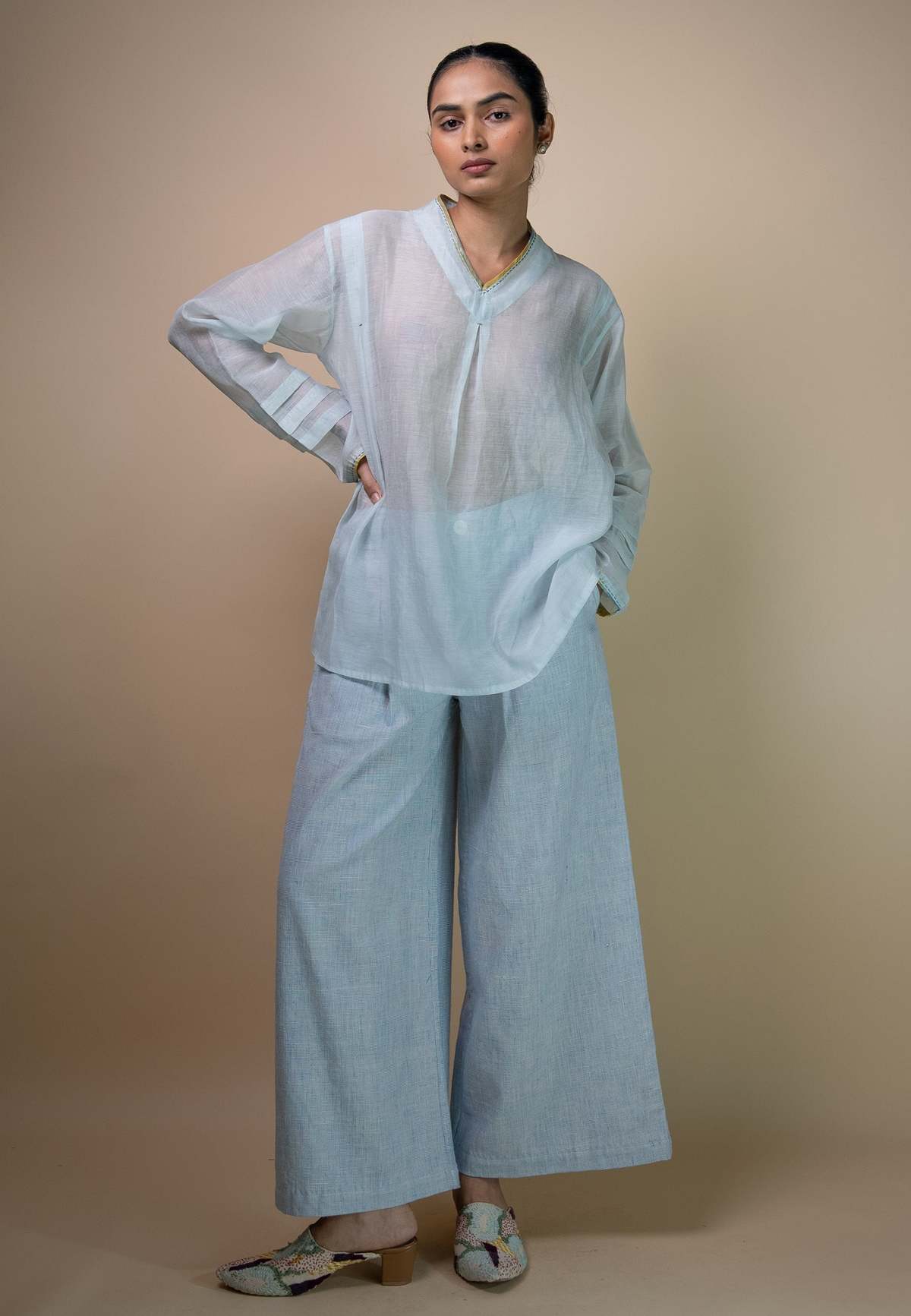 IKKIVI Meadows Unisex Chanderi Shirt - Blue - Image 2 of 8