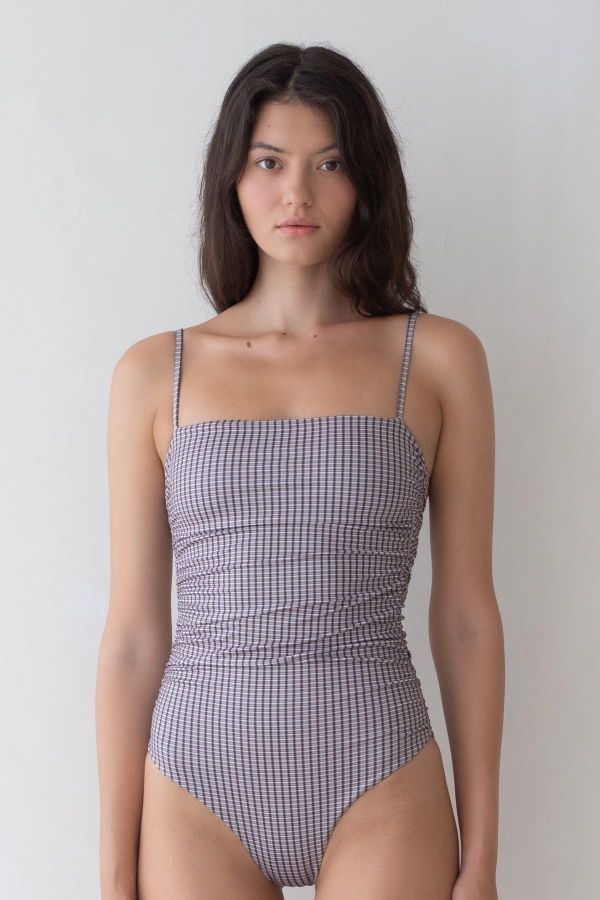 BELLE ANNA Ruched Maillot One-Piece - Brown Plaid