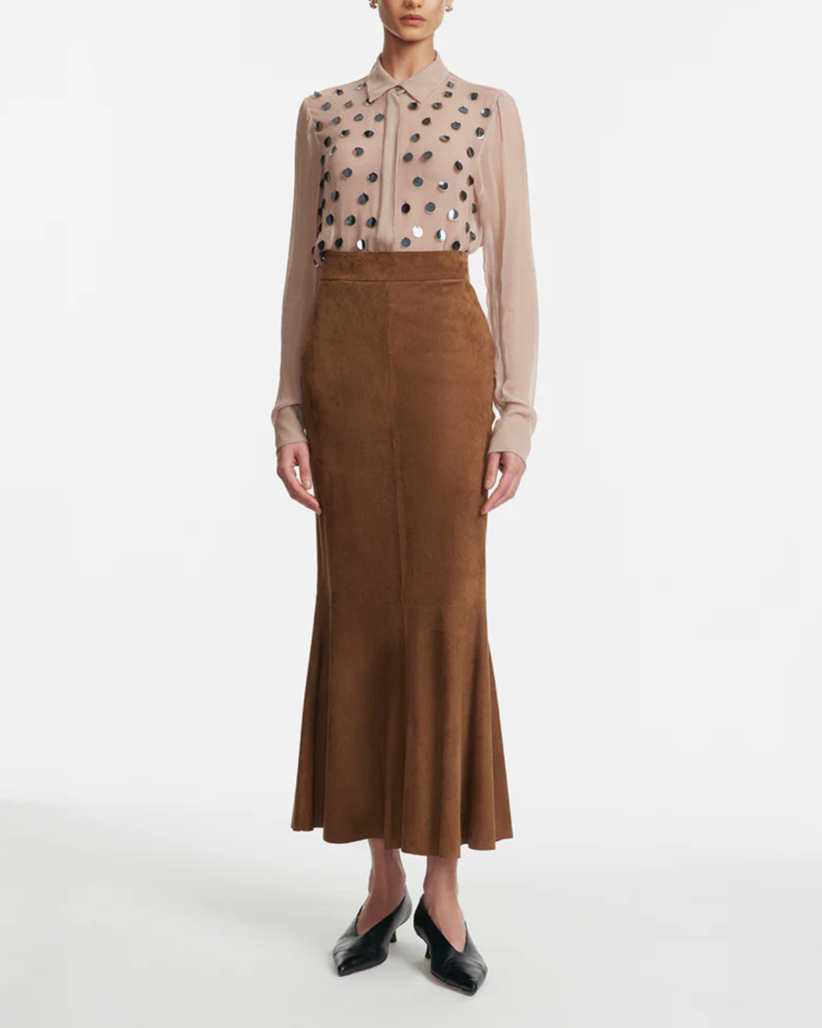 Lela Rose Paillette Embroidered Georgette Shirt - Taupe - Image 2 of 4