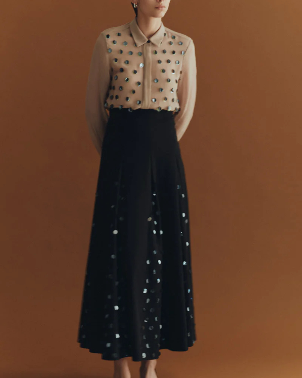 Lela Rose Paillette Embroidered Georgette Shirt - Taupe - Image 4 of 4