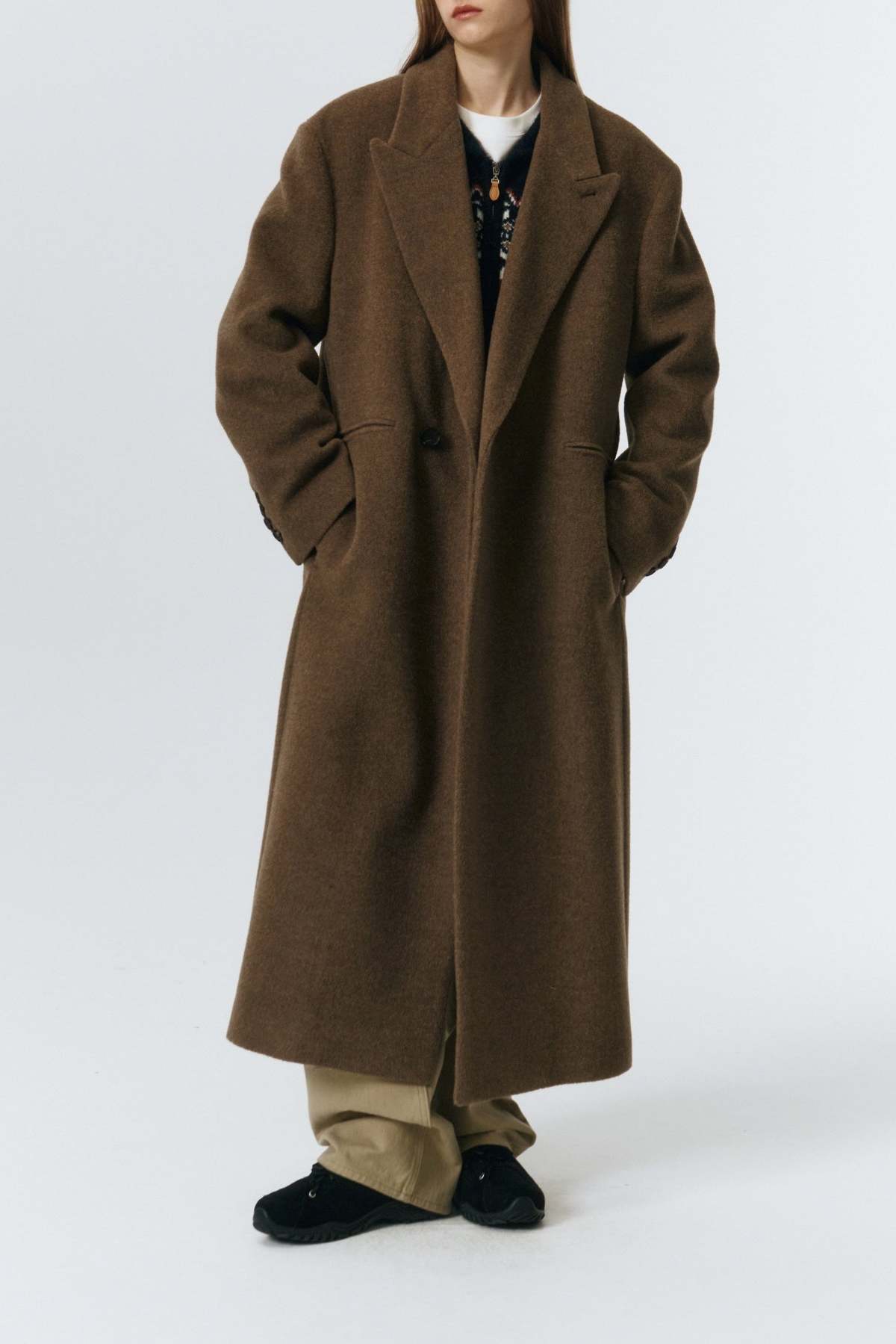 Dunst Unisex Maxi Double Wool Coat - Khaki Beige - Image 5 of 12