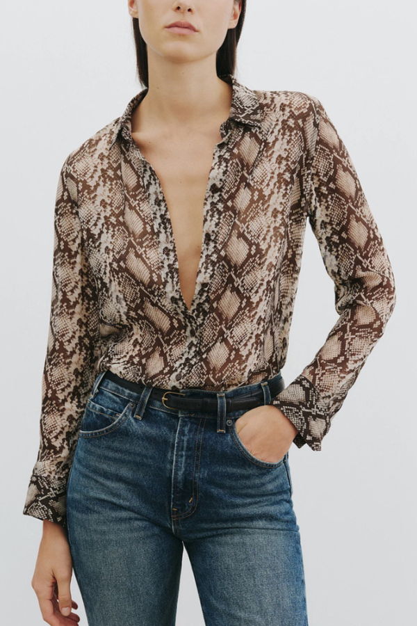 Nili Lotan Gaia Slim Shirt - Stone/Brown Snake Print