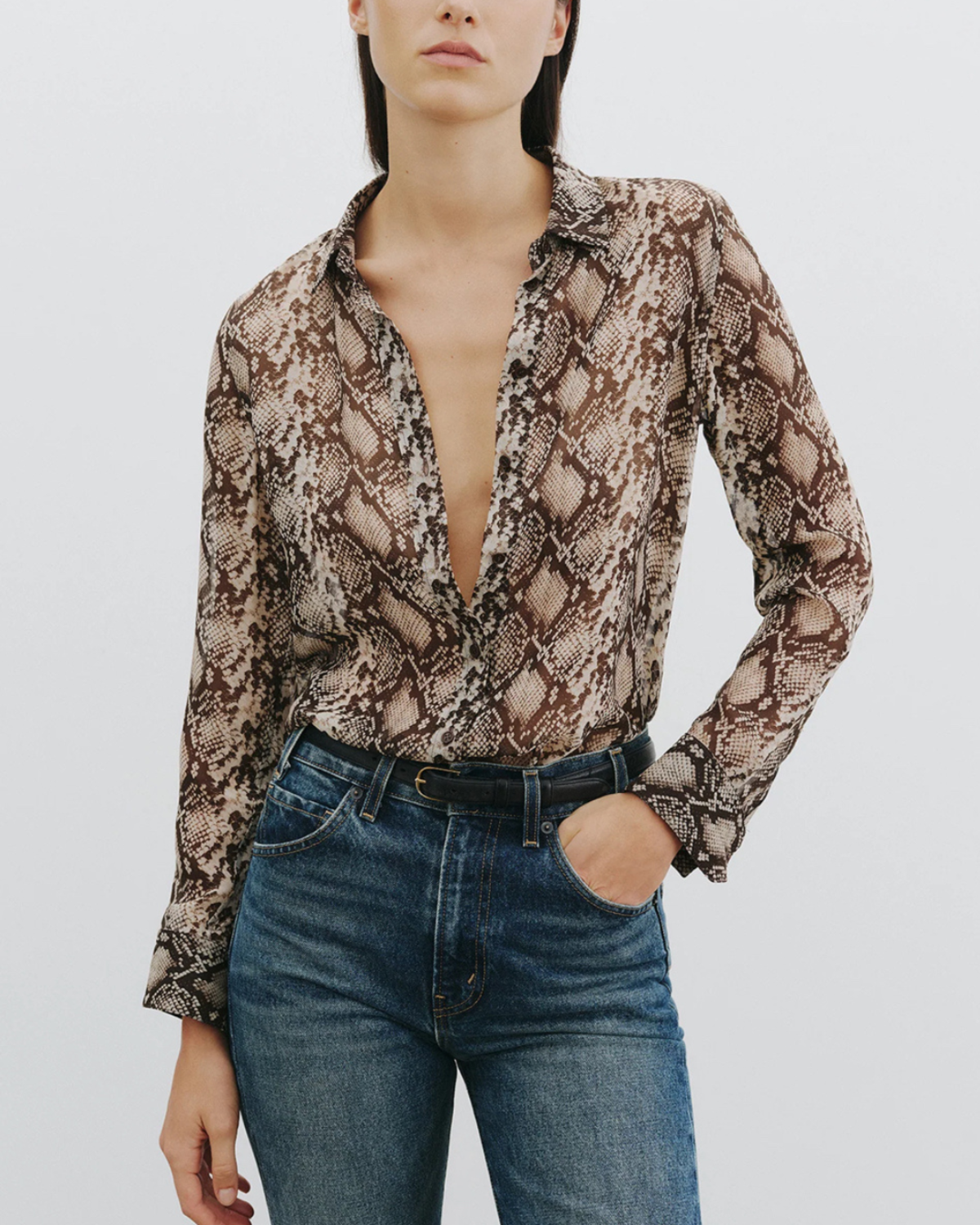 Nili Lotan Gaia Slim Shirt - Stone/Brown Snake Print - Image 2 of 5