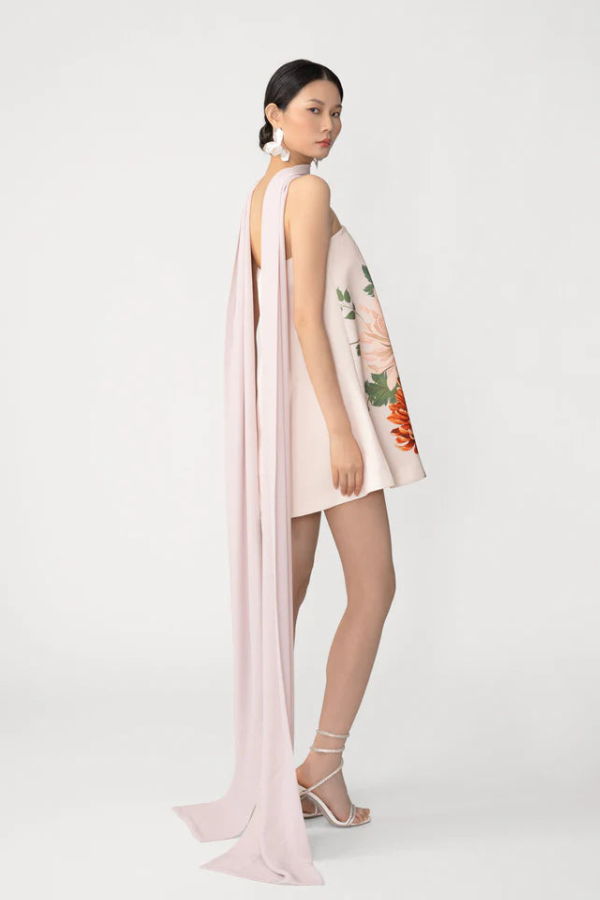 Sau Lee Ruby Satin Dress with Scarf - Blush Pink