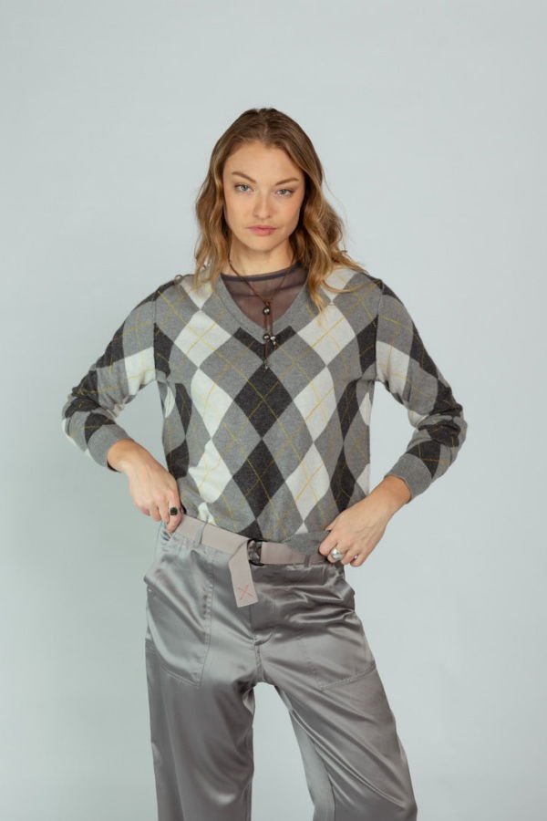 Brazeau Tricot Feather Argyle V-Neck Sweater - Feather