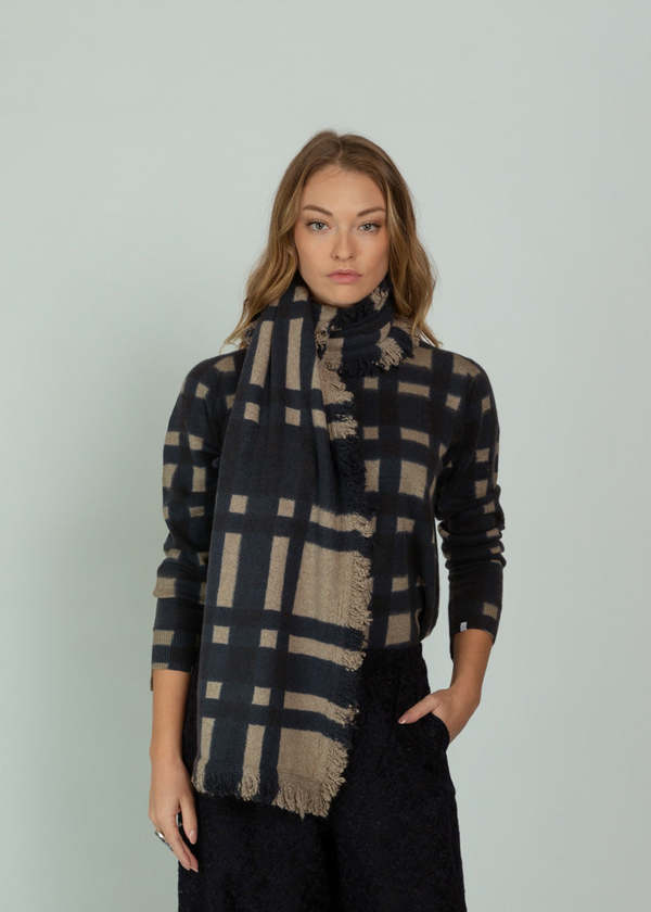 Antipast Cashmere Check Scarf - Beige Navy