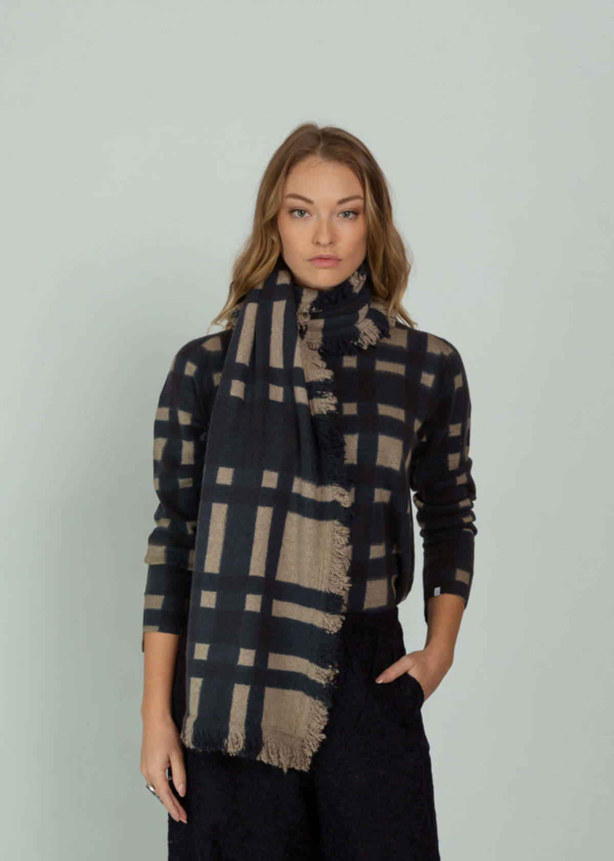 Antipast Cashmere Check Scarf - Beige Navy - Image 2 of 3