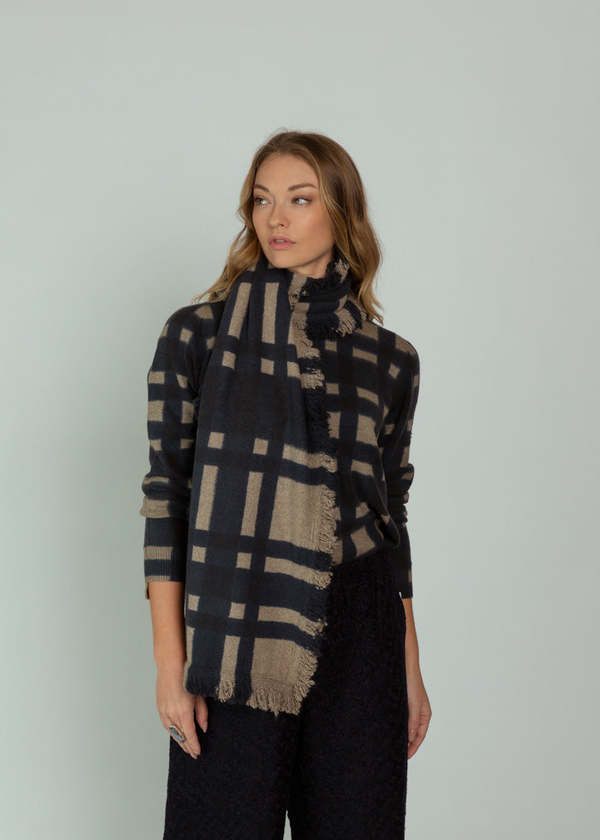 Antipast Cashmere Check Scarf - Beige Navy