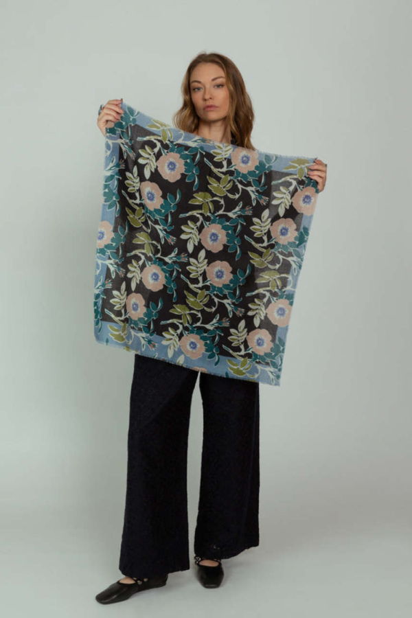 Epice Wool Silk Cashmere Flowers Bandana Scarf - Black