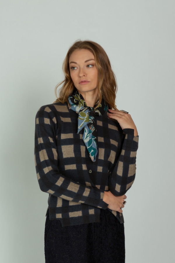 Epice Wool Silk Cashmere Flowers Bandana Scarf - Black