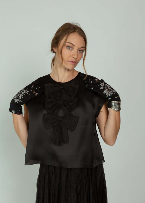 Louiza Babouryan Satin Organza Top with Bows - Black