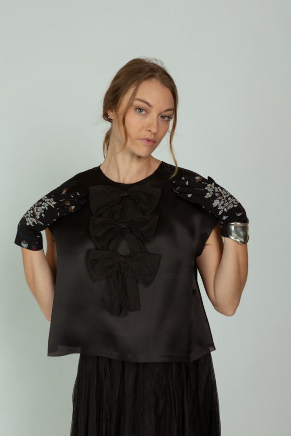 Louiza Babouryan Satin Organza Top with Bows - Black