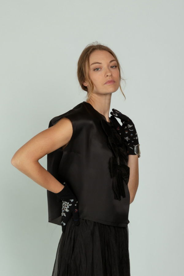 Louiza Babouryan Satin Organza Top with Bows - Black
