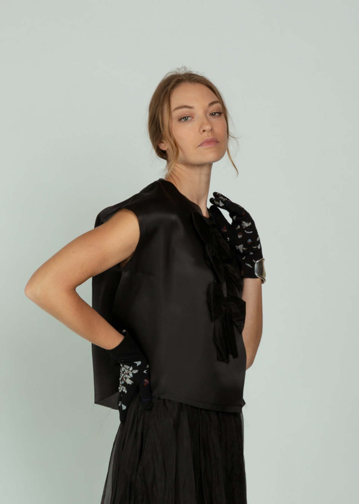 Louiza Babouryan Satin Organza Top with Bows - Black - Image 2 of 5