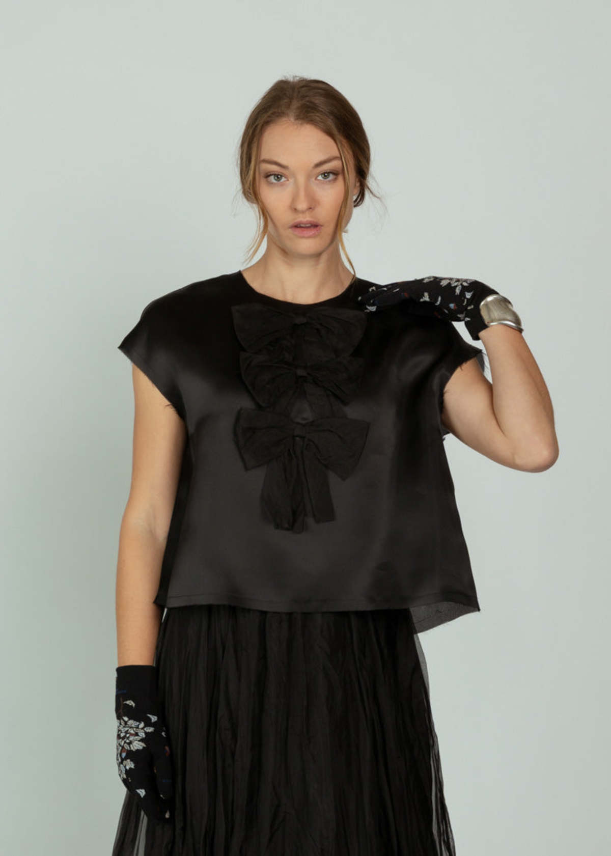 Louiza Babouryan Satin Organza Top with Bows - Black - Image 3 of 5