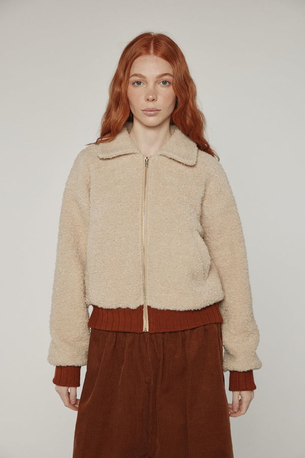 amente Wool Blend Ribbed Short Bomber Jacket - Oatmeal