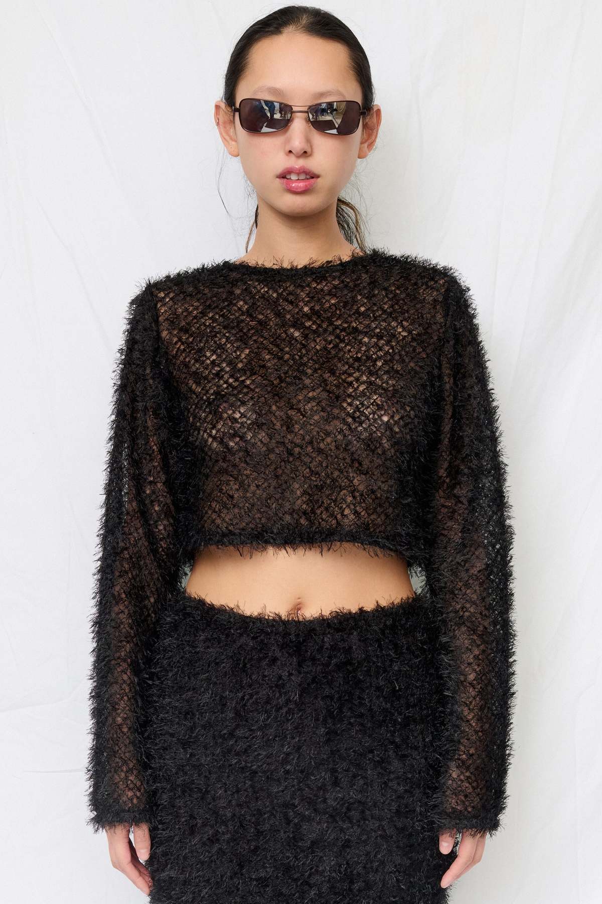 Assembly Black Feather Crop Long Sleeve Top - Image 1 of 6