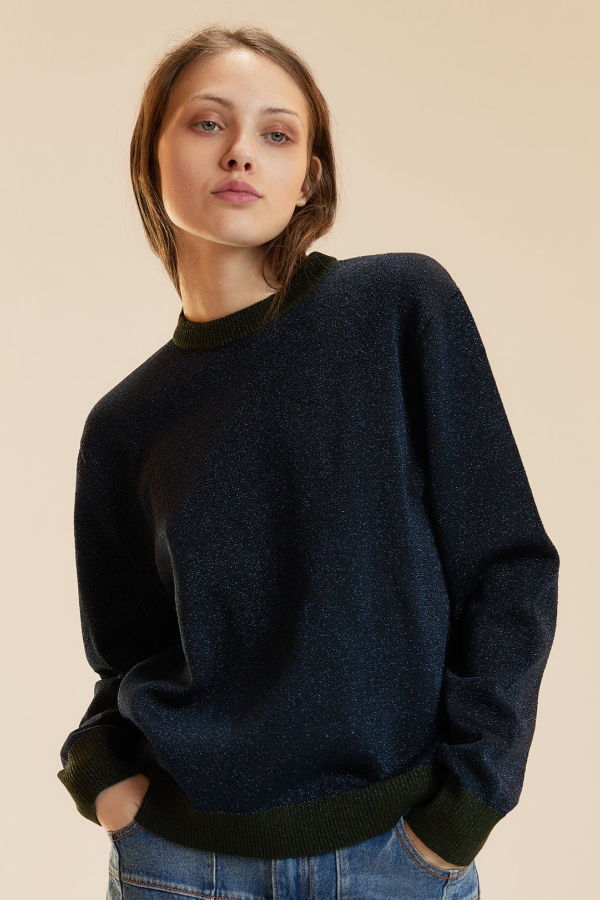 Cynthia Rowley Metallic Knit Crewneck Sweater - Navy