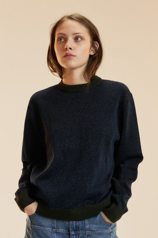 Cynthia Rowley Metallic Knit Crewneck Sweater - Navy