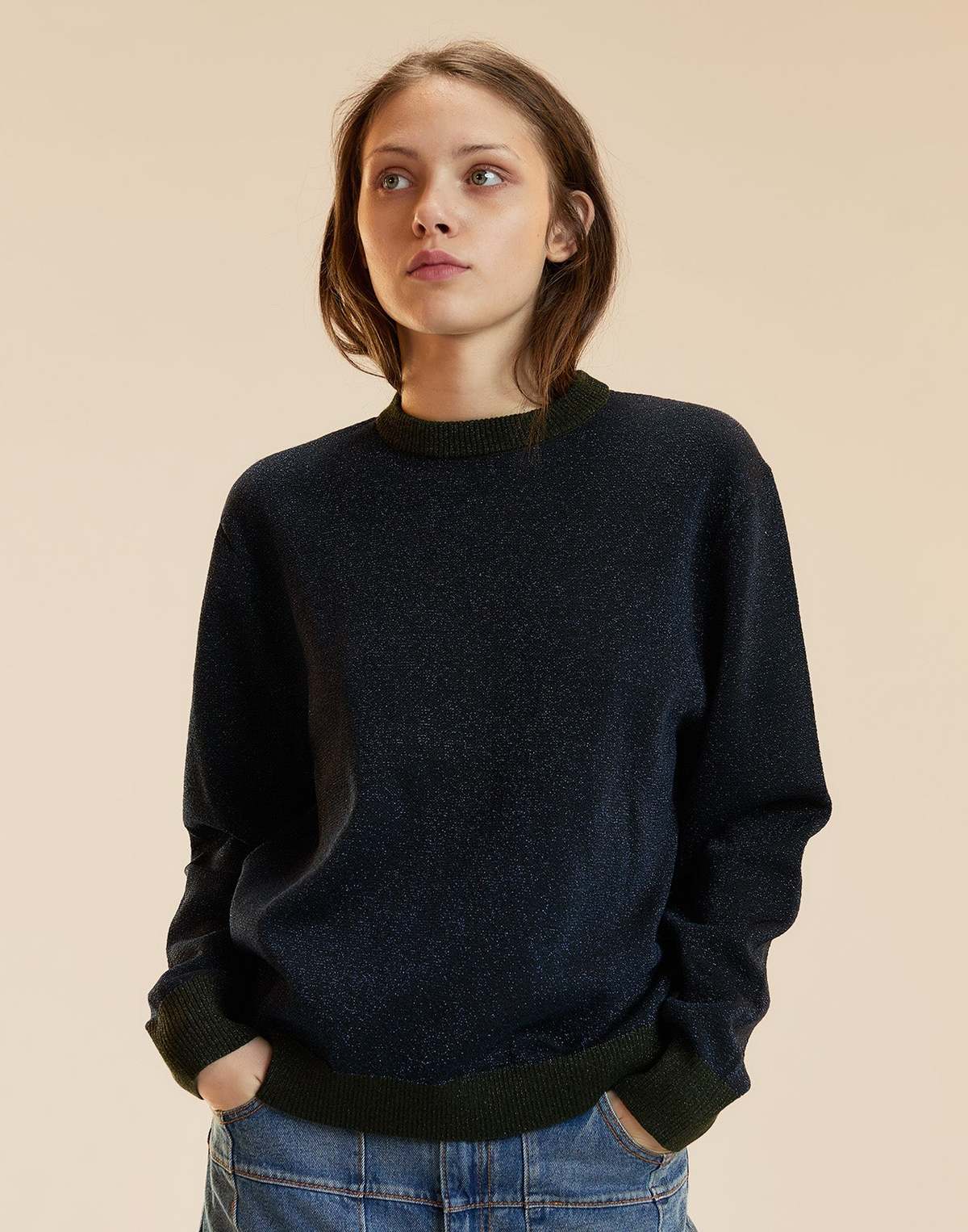 Cynthia Rowley Metallic Knit Crewneck Sweater - Navy - Image 2 of 6