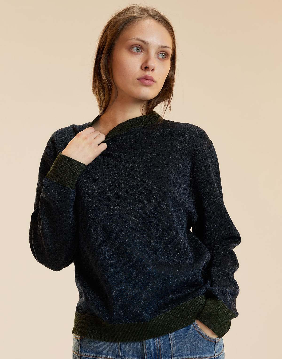 Cynthia Rowley Metallic Knit Crewneck Sweater - Navy - Image 3 of 6