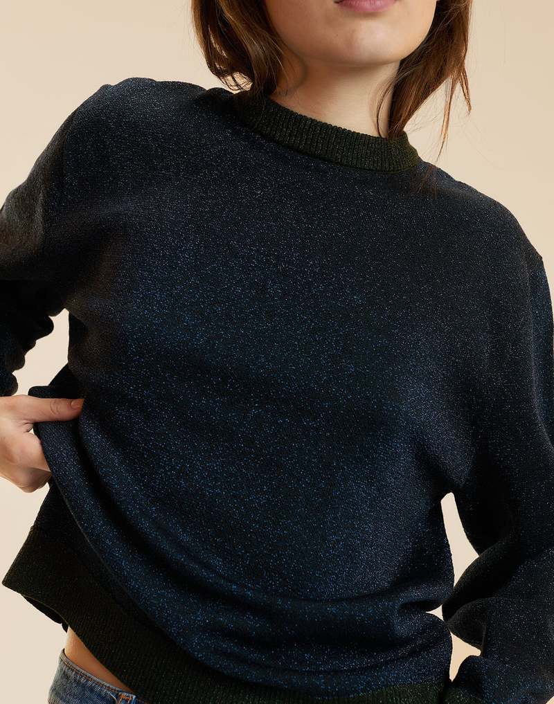Cynthia Rowley Metallic Knit Crewneck Sweater - Navy