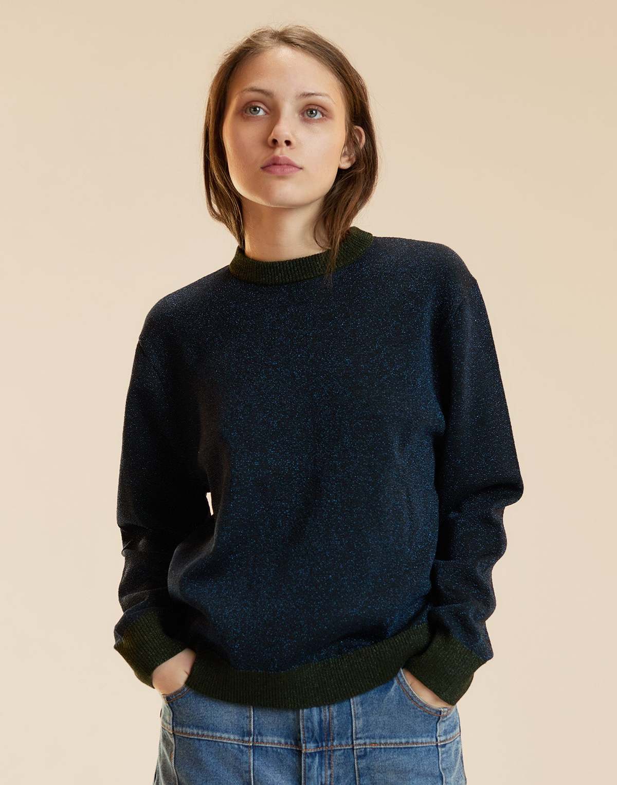 Cynthia Rowley Metallic Knit Crewneck Sweater - Navy - Image 5 of 6