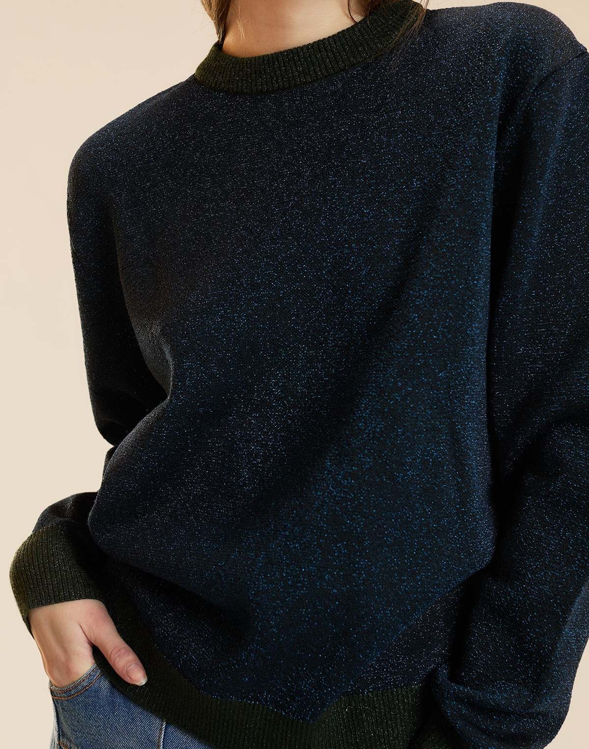 Cynthia Rowley Metallic Knit Crewneck Sweater - Navy - Image 6 of 6