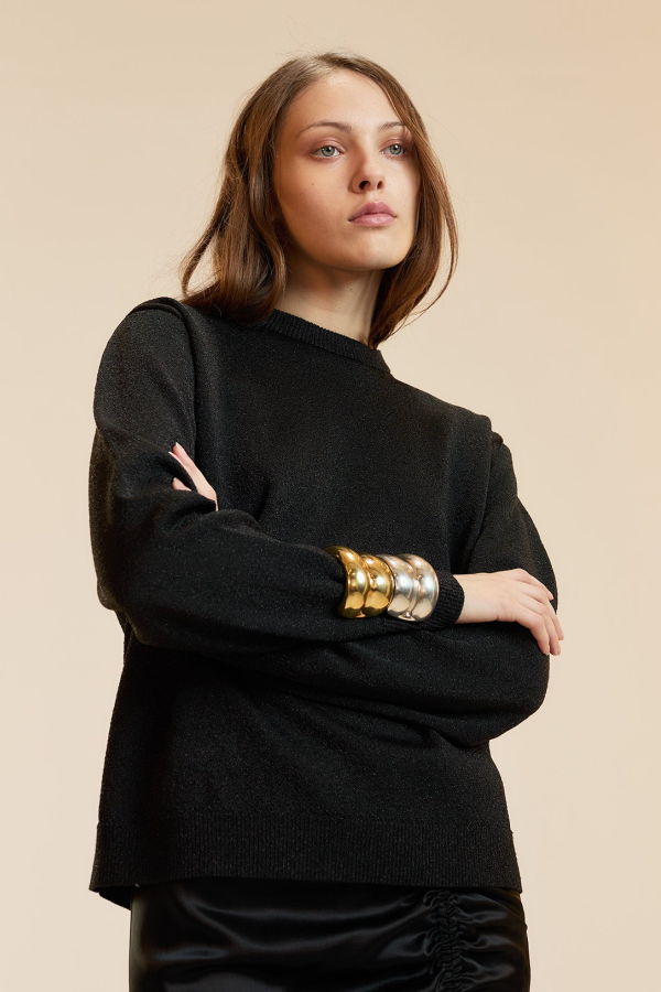 Cynthia Rowley Metallic Knit Crewneck Sweater - Black