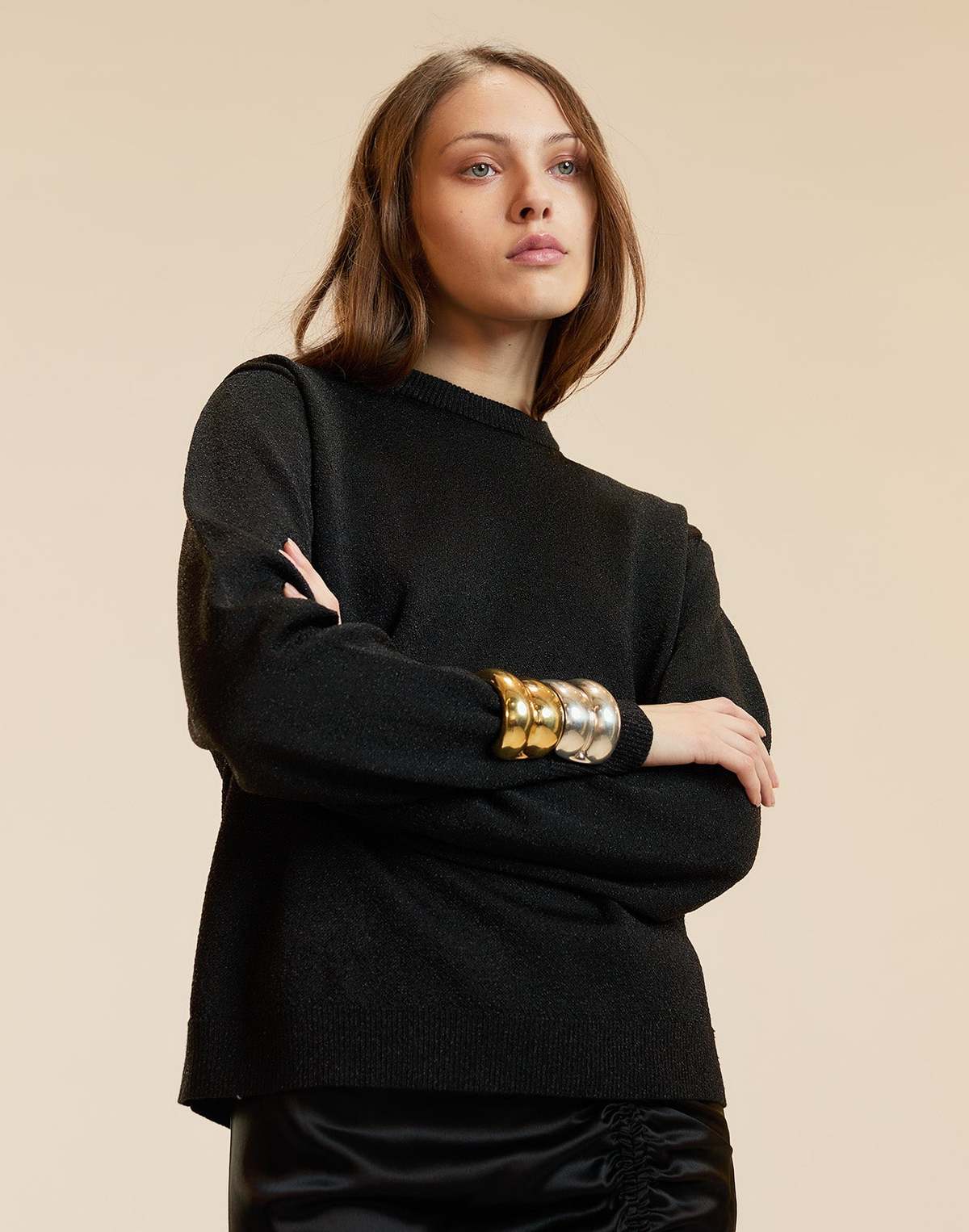 Cynthia Rowley Metallic Knit Crewneck Sweater - Black - Image 1 of 5