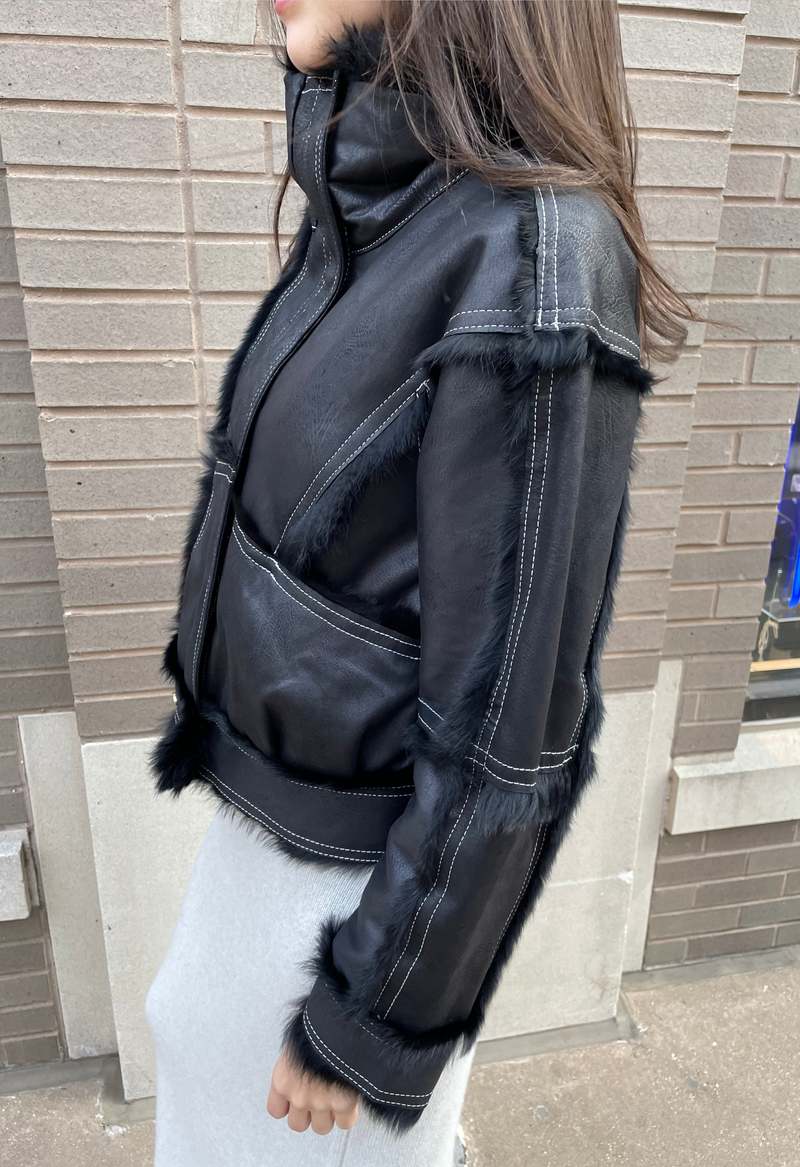 The NKC Store Faux Leather Rabbit Fur Jacket