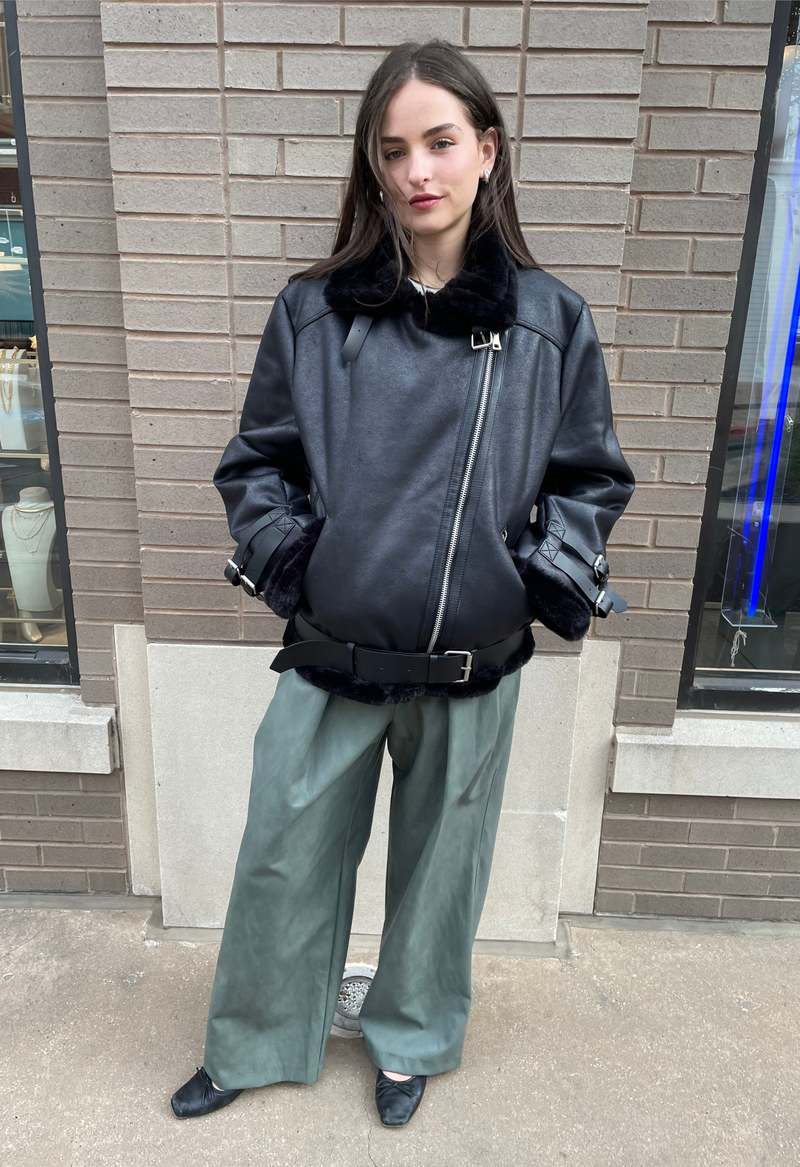 The NKC Store Faux Shearling Leather Jacket - Black