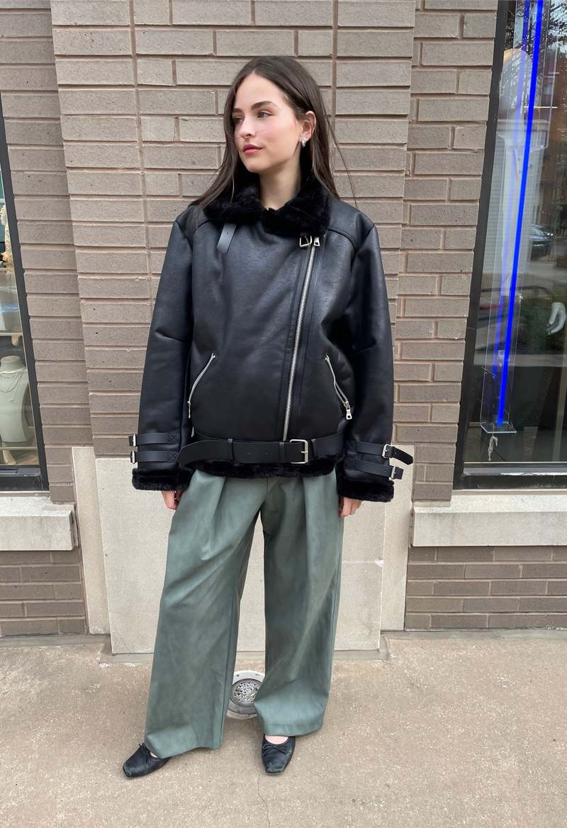 The NKC Store Faux Shearling Leather Jacket - Black