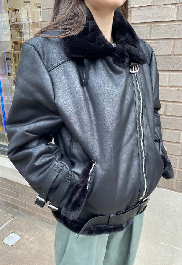 The NKC Store Faux Shearling Leather Jacket - Black