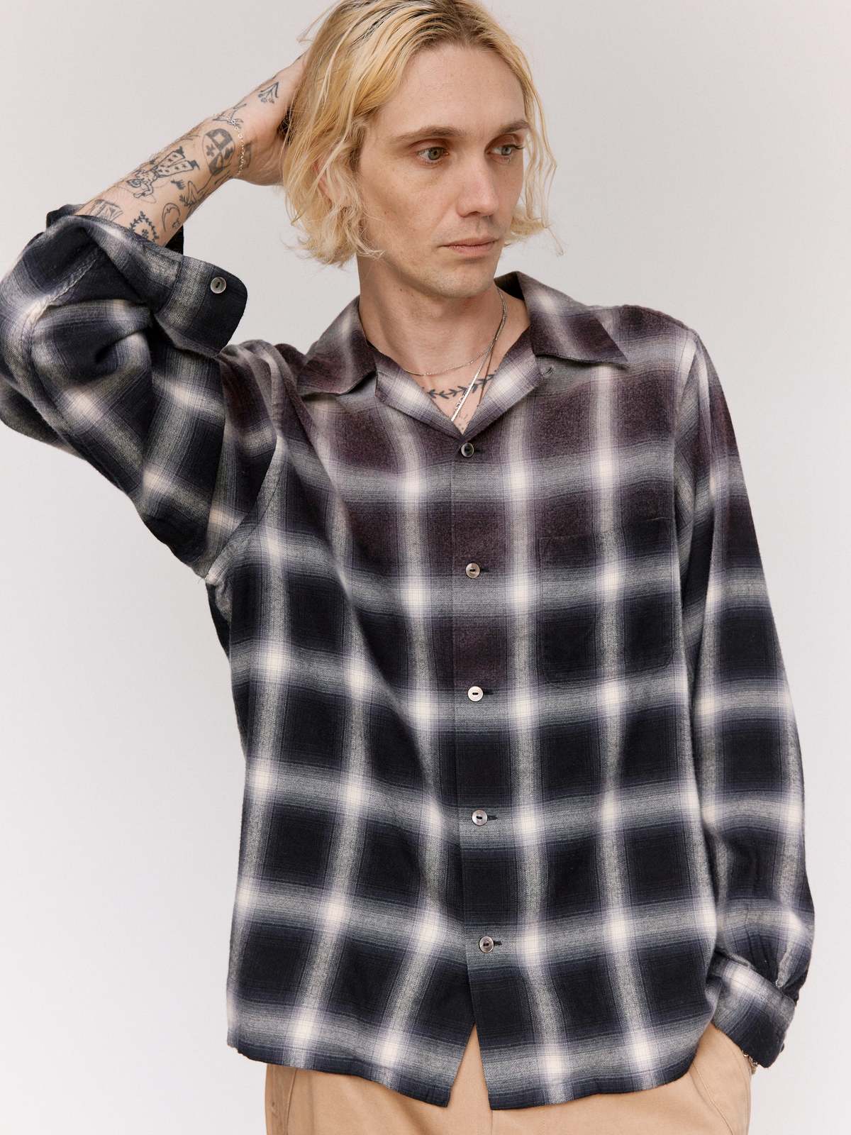 Taiga Takahashi LOT.101 Bleached Gray Plaid Open Collar Shirt - Image 1 of 9