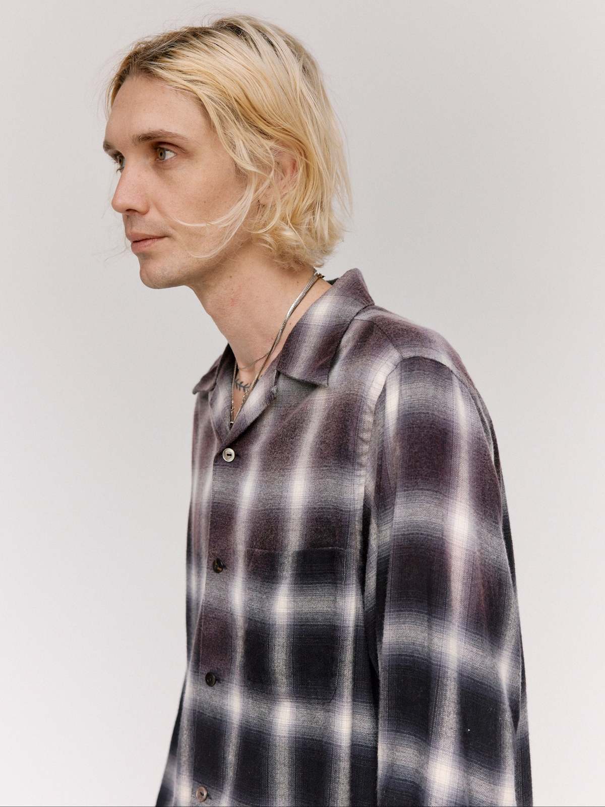 Taiga Takahashi LOT.101 Bleached Gray Plaid Open Collar Shirt - Image 3 of 9