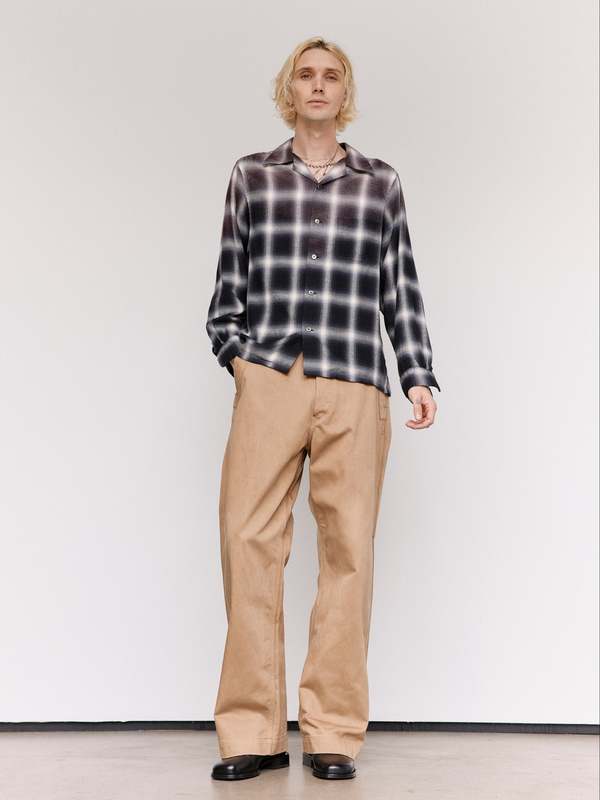 Taiga Takahashi LOT.101 Bleached Gray Plaid Open Collar Shirt