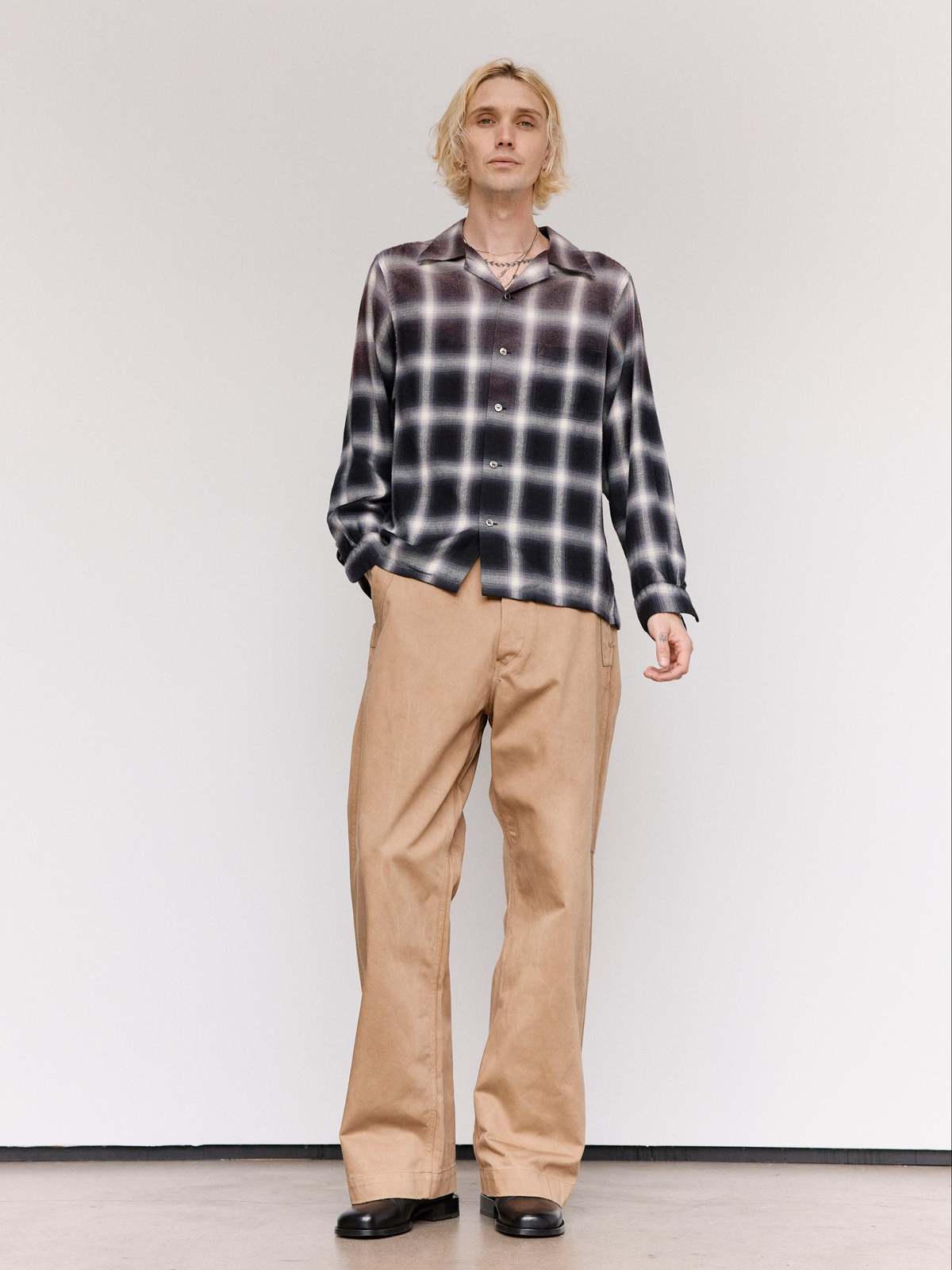Taiga Takahashi LOT.101 Bleached Gray Plaid Open Collar Shirt - Image 5 of 9