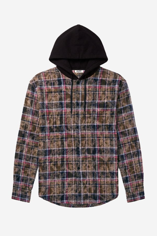 Blue&Cream Dylan Distressed Flannel Shirt - Dark Olive Plaid w/ Black Hood