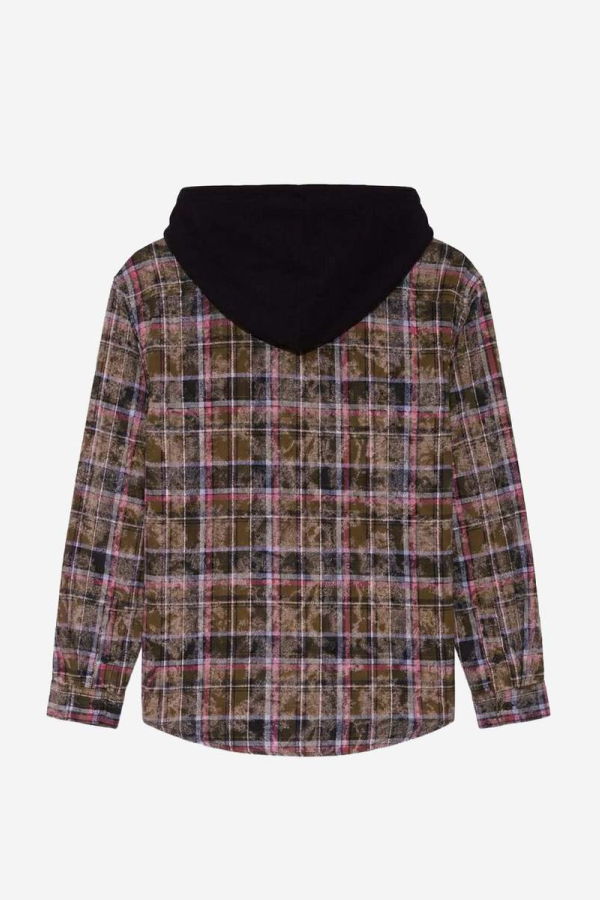 Blue&Cream Dylan Distressed Flannel Shirt - Dark Olive Plaid w/ Black Hood