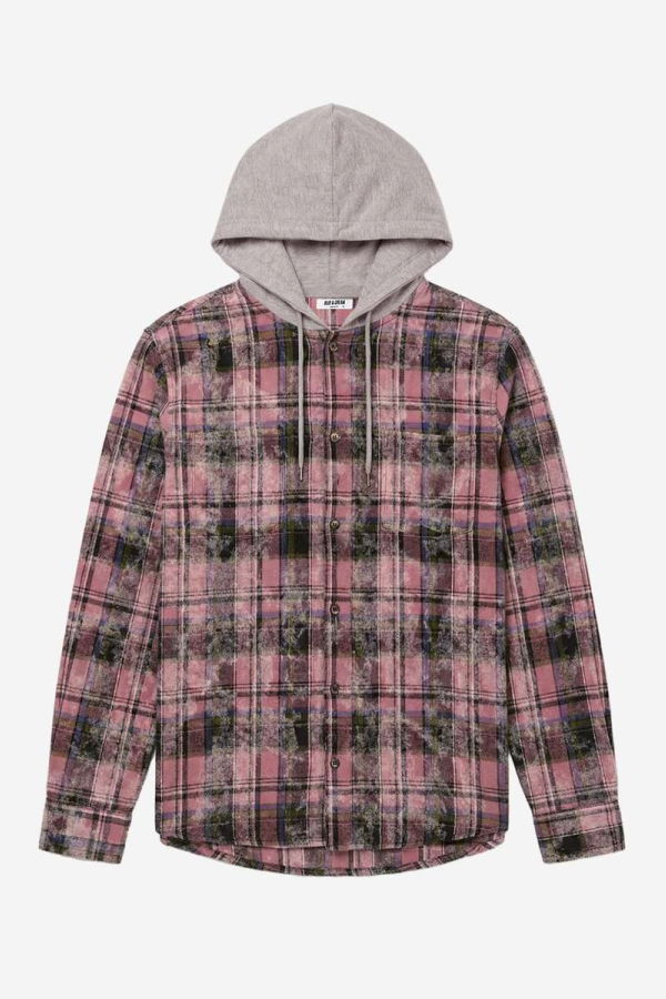 Blue&Cream Dylan Distressed Flannel - Pink Plaid w/ Grey Hood